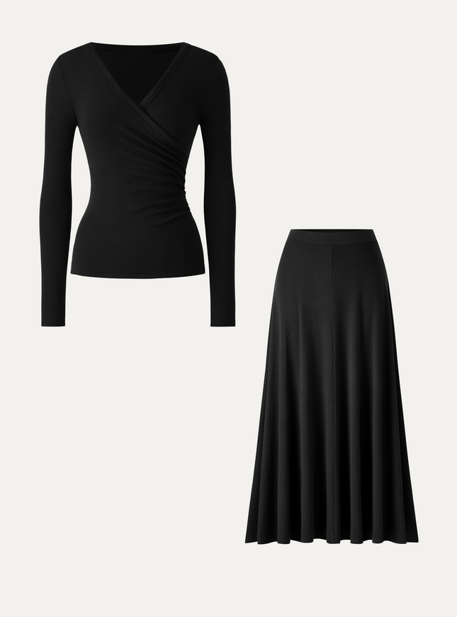 2Pcs Set Surplice Ruched Top & Blend Mid-Rise Umbrella Maxi Skirt