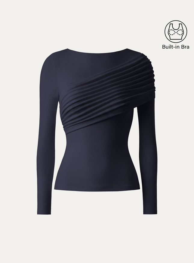 Boatneck Ruched Overlap Built-In Bra Top