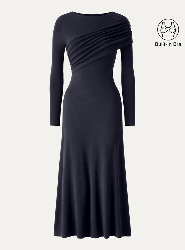 Boatneck Ruched A-Line Midi Built-In Bra Dress
