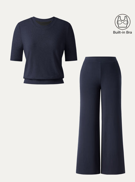 2Pcs Set Petite Wide Leg Pant with Pockets & Crewneck Built-In Bra Top