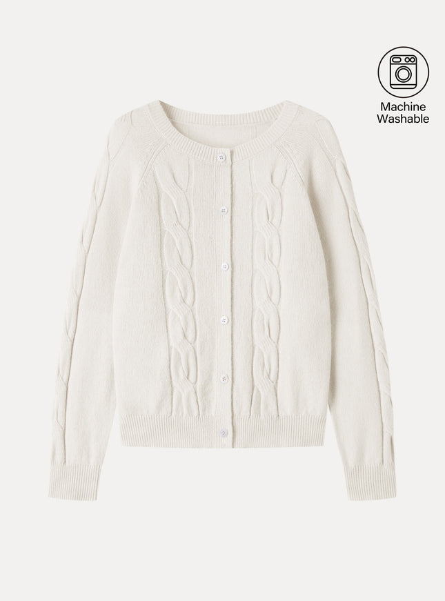 Merino-Blend Cable-Knit Crew Neck Long Sleeve Cardigan