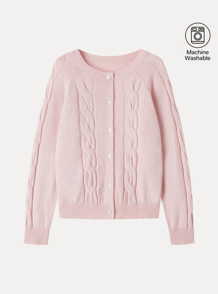 Merino-Blend Cable-Knit Crew Neck Long Sleeve Cardigan