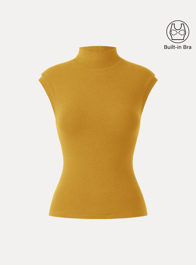 Stretch Cotton Mock Neck Cap Sleeve Built-In Bra Top