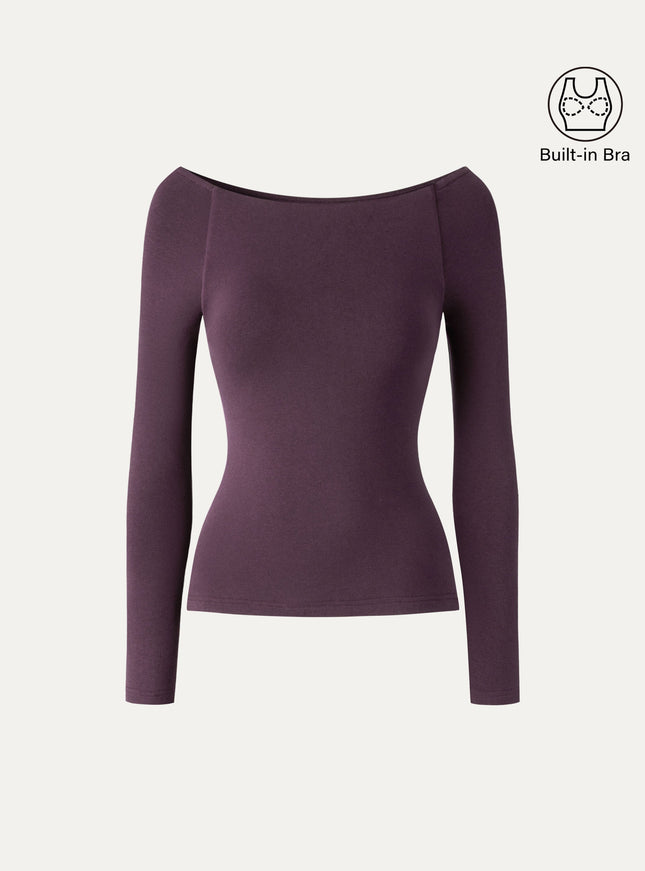 Slash Neck Raglan Sleeve Built-In Bra Top