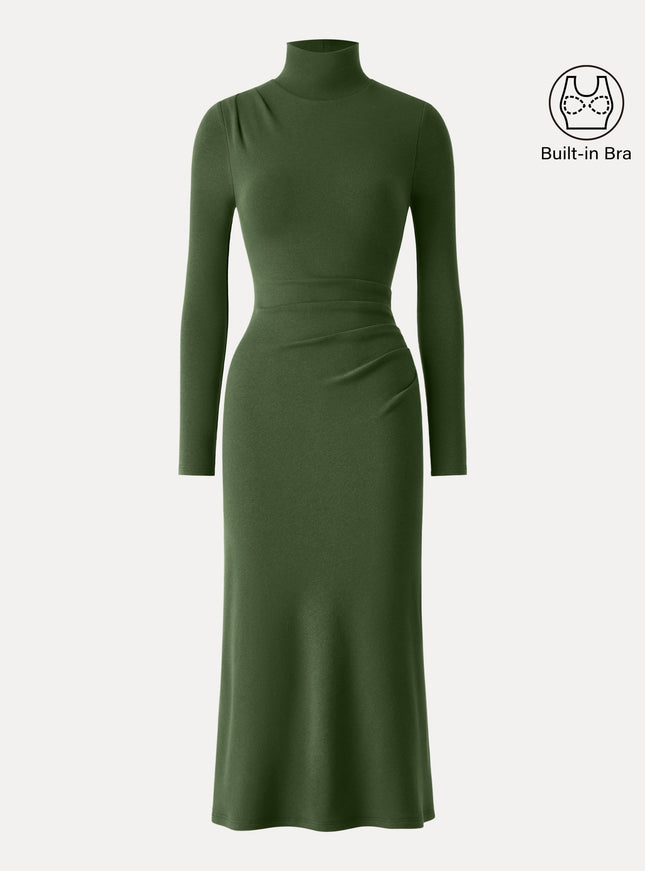 Turtleneck Tucked Midi Built-In Bra Dress