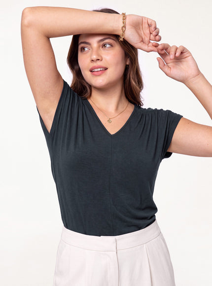 Modal Relaxed V-Neck Gathered Shoulder Top