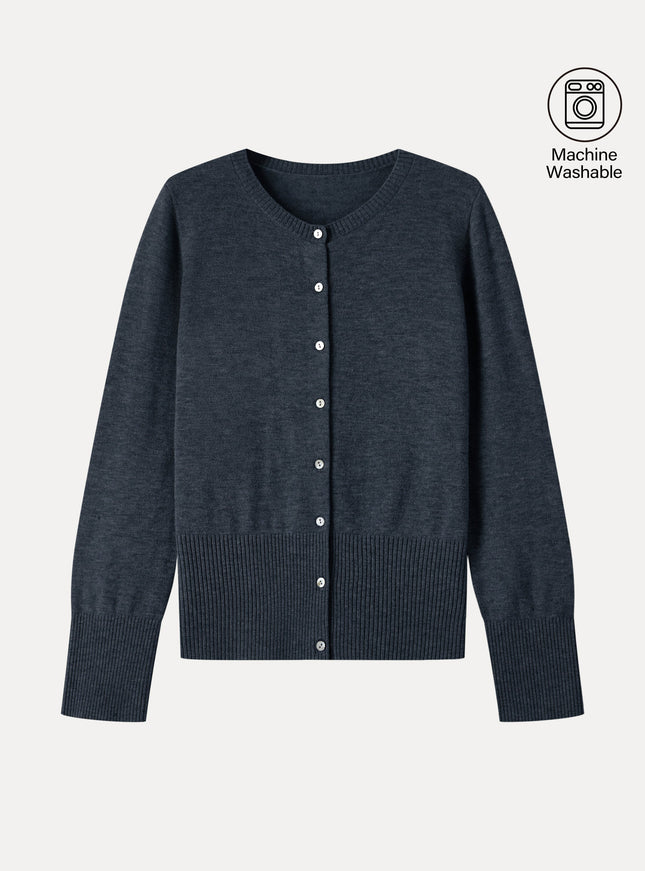 100% Merino Wool Crew Neck Long Sleeve Button-Front Cardigan