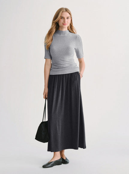 Mid-Rise Ruched A-Line Midi Skirt with Pockets