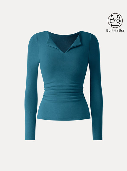 Flapped V-Neck Long Sleeve Ruched Built-In Bra Top