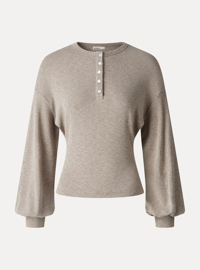 Slub Ribbed Henley Neck Batwing Sleeve Close-Fit Hem Top