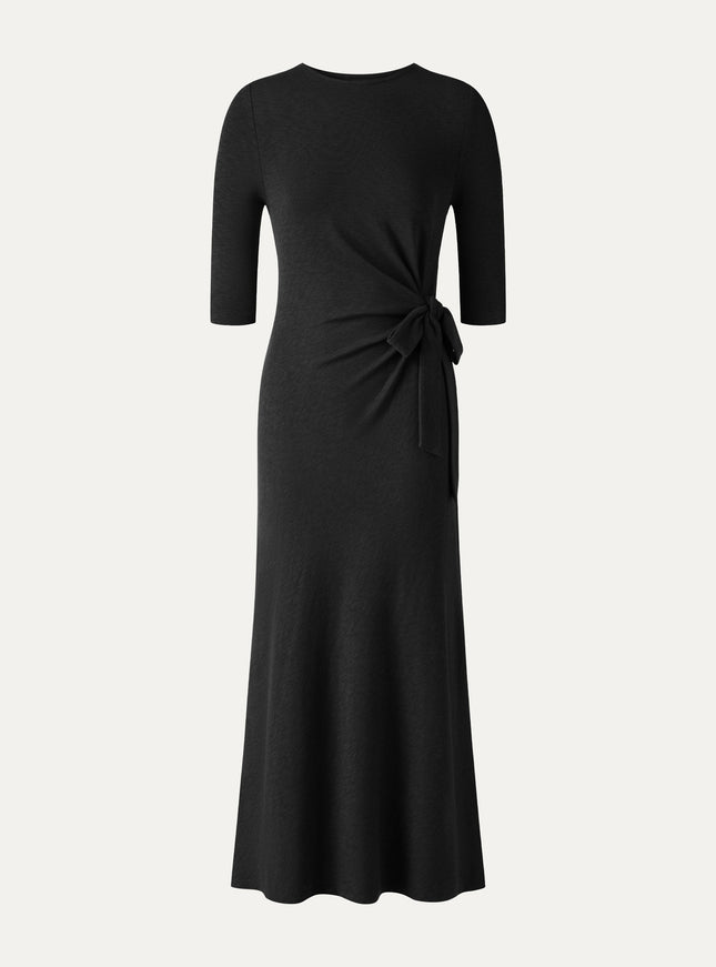 Slub Ribbed Round Neck Elbow Sleeve Tie-Waist Midi Dress