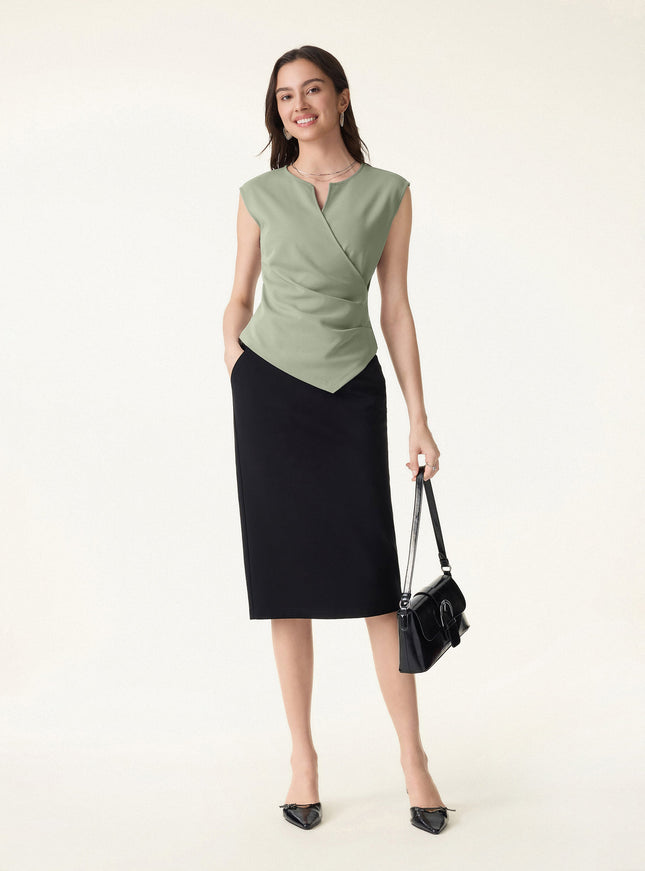 Surplice Wide Shoulder Tucked Angled Tank Top