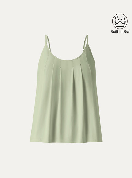 U-Neck Pleated Spaghetti Built-In Bra Tank