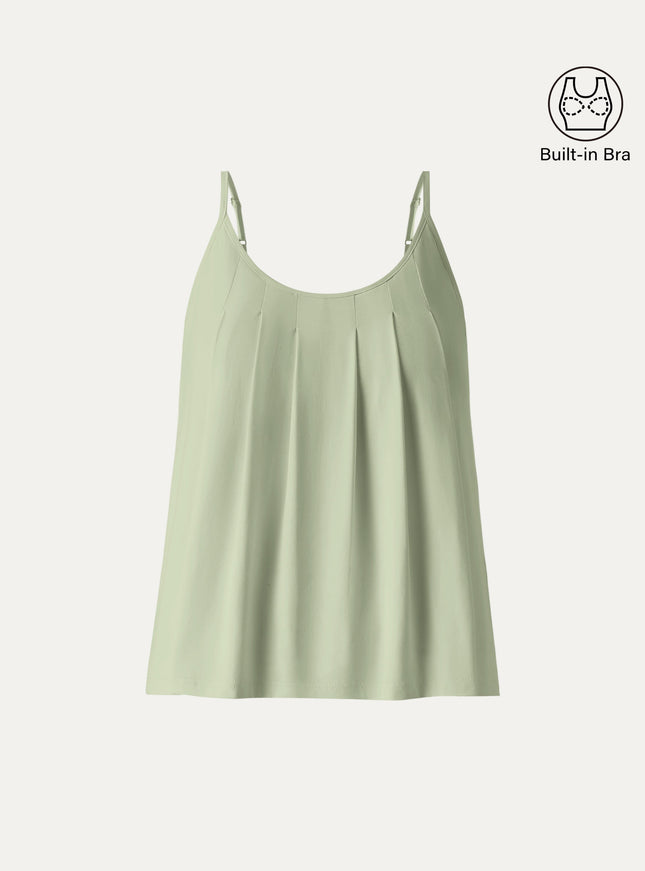 U-Neck Pleated Spaghetti Built-In Bra Tank