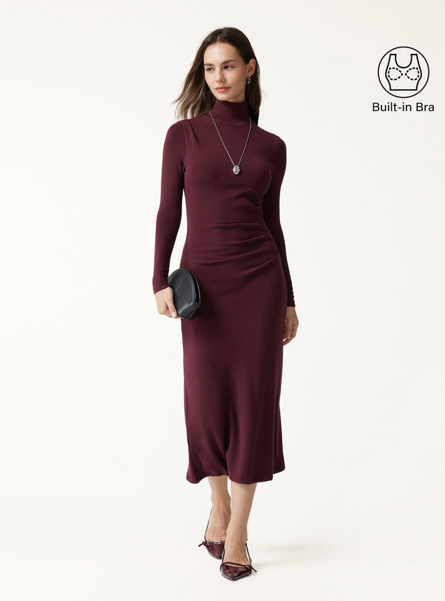 Turtleneck Tucked Midi Built-In Bra Dress