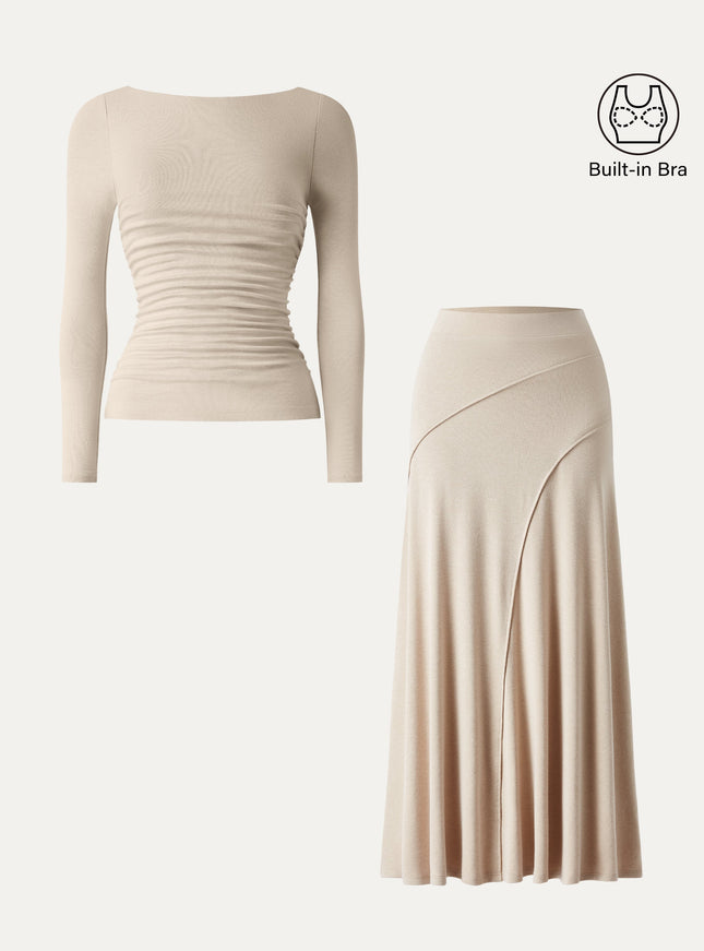 2Pcs Set Boatneck Built-In Bra Top & Drapey A-Line Maxi Skirt