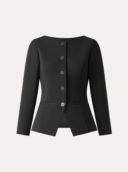 Ponte Office Round Neck Long Sleeve Jacket with Pockets