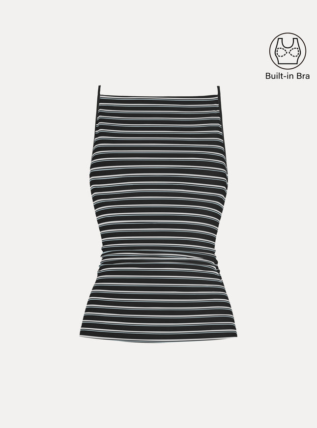 Striped Side Ruched Spaghetti New Airy Built-In Bra Tank