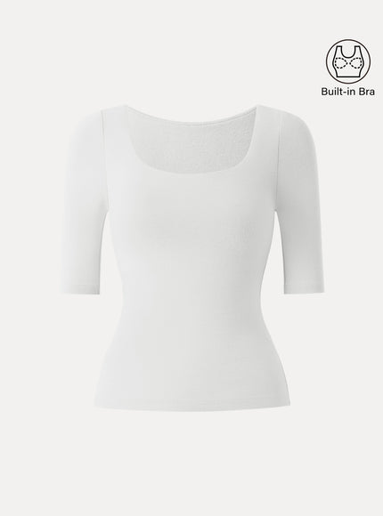 Essential Elbow Length Sleeve Square Neck Built-In Bra Tops