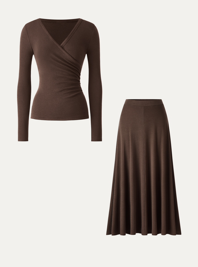 2Pcs Set Surplice Ruched Top & Blend Mid-Rise Umbrella Maxi Skirt