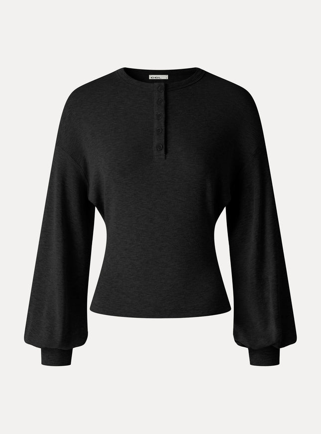 Slub Ribbed Henley Neck Batwing Sleeve Close-Fit Hem Top