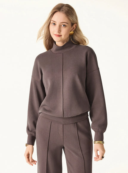 2Pcs Set Mockneck Long Sleeve Shirt & High-Rise Wide Leg Pants with Pockets