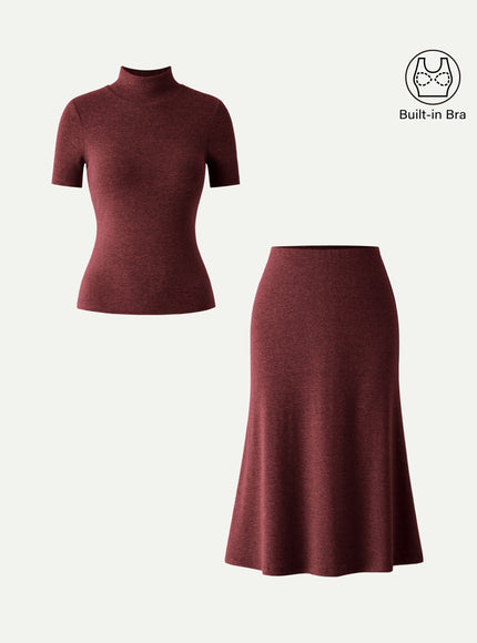 2Pcs Set Mockneck Built-In Bra Top & Pull-On Midi Skirt