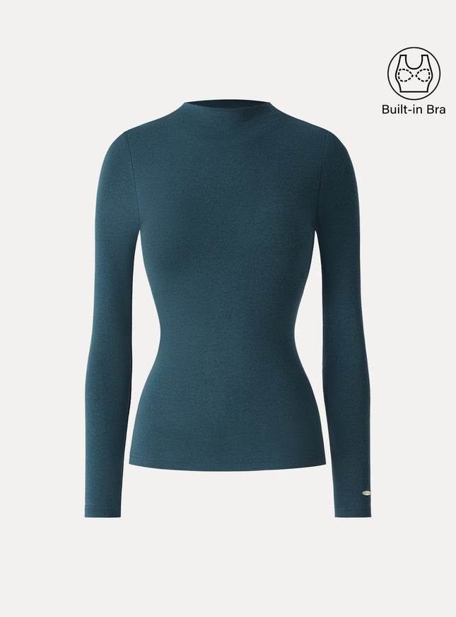 Mockneck Long Sleeve Built-In Bra Top - Forest Night