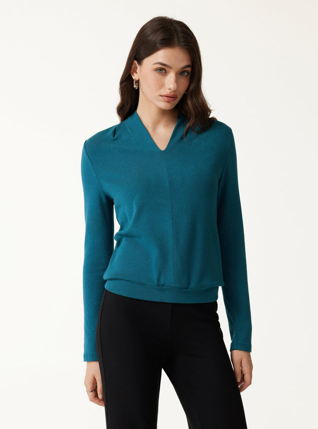 V-Neck Long Sleeve Tucked Shoulder Top