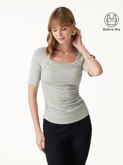 Lyocell-Wool Square Neck Elbow Sleeve Ruched Built-In Bra Top