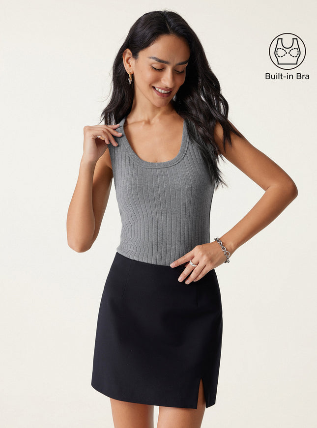 MaxWarm Wide Ribbed U-Neck Sleeveless Built-In Bra Top