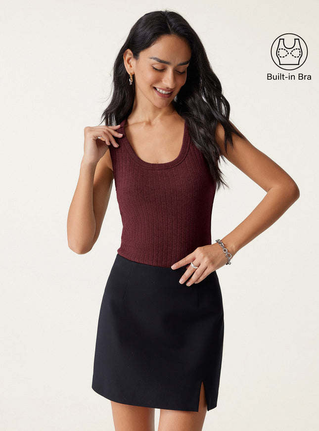 MaxWarm Wide Ribbed U-Neck Sleeveless Built-In Bra Top