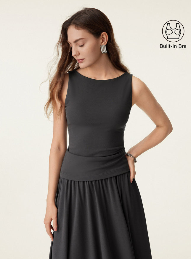 Stretch Cotton Boatneck Built-In Bra Tank