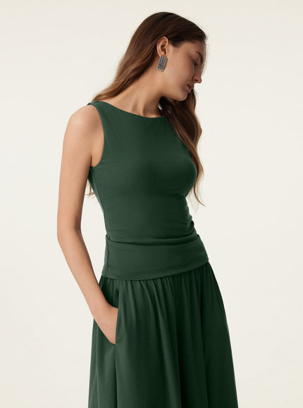 Stretch Cotton Boatneck Built-In Bra Tank