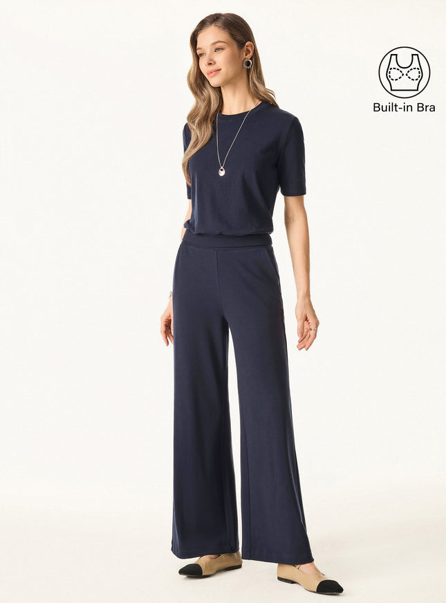 2Pcs Set Petite Wide Leg Pant with Pockets & Crewneck Built-In Bra Top
