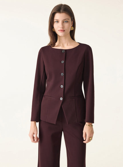 Ponte Office Round Neck Long Sleeve Jacket with Pockets