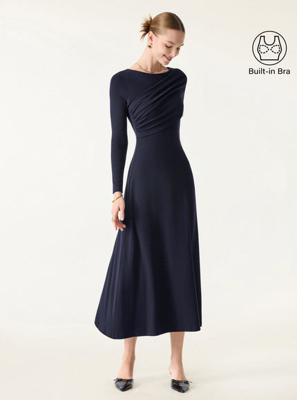 Boatneck Ruched A-Line Midi Built-In Bra Dress