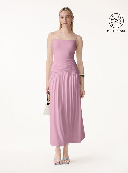 Not-See-Thru Spaghetti Gathered Maxi Built-In Bra Dress