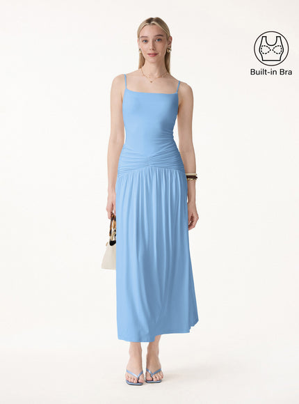 Not-See-Thru Spaghetti Gathered Maxi Built-In Bra Dress