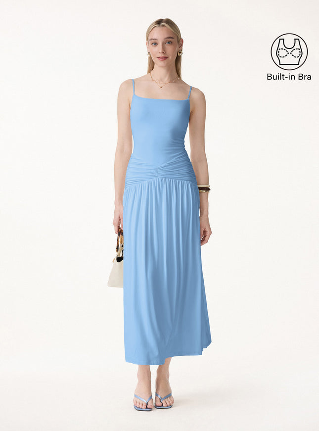 Not-See-Thru Spaghetti Gathered Maxi Built-In Bra Dress