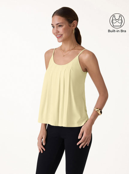 U-Neck Pleated Spaghetti Built-In Bra Tank