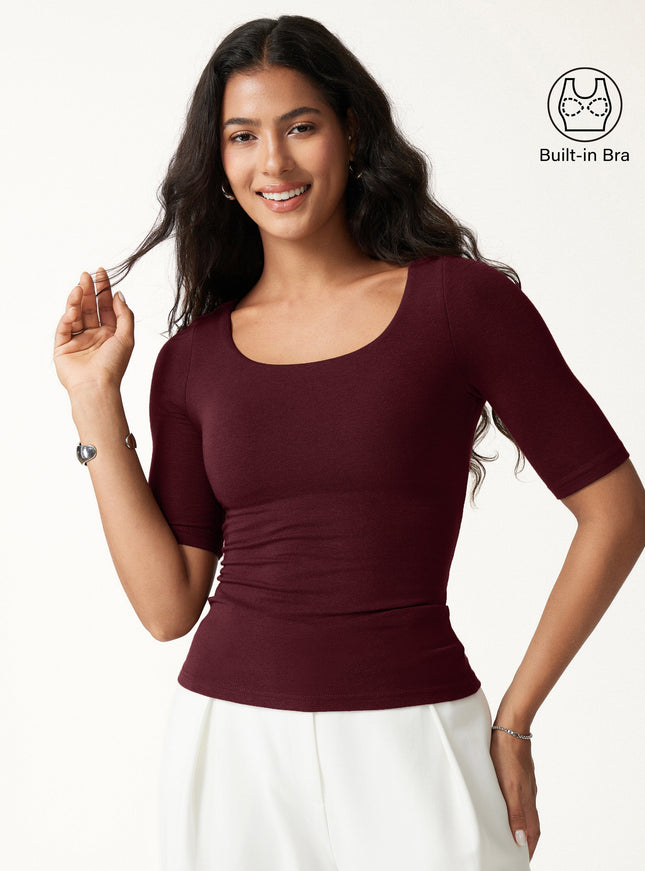 Essential Elbow Length Sleeve Square Neck Built-In Bra Tops