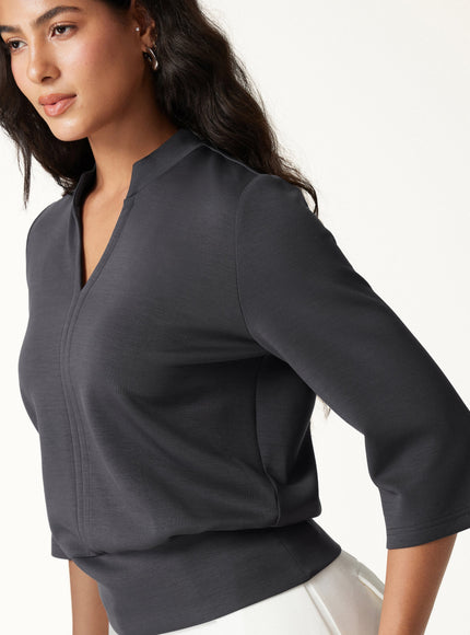 Lyocell Spacer Knit V-Neck Elbow Sleeve Banded Top