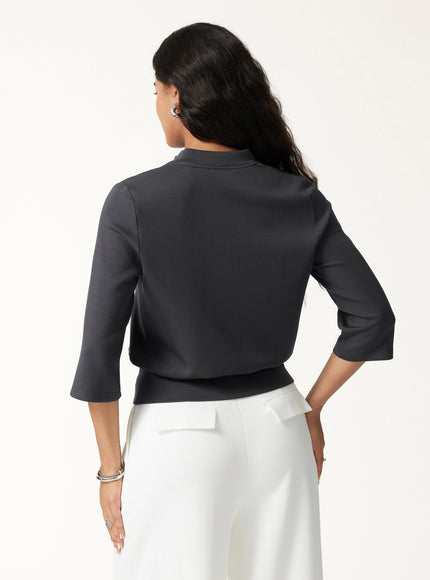 Lyocell Spacer Knit V-Neck Elbow Sleeve Banded Top