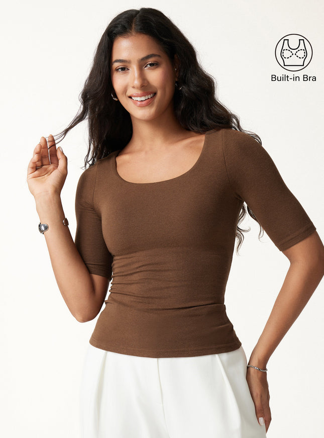 Essential Elbow Length Sleeve Square Neck Built-In Bra Tops