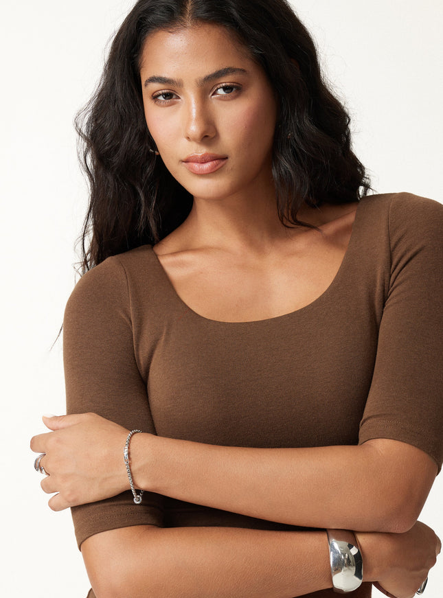 Essential Elbow Length Sleeve Square Neck Built-In Bra Tops