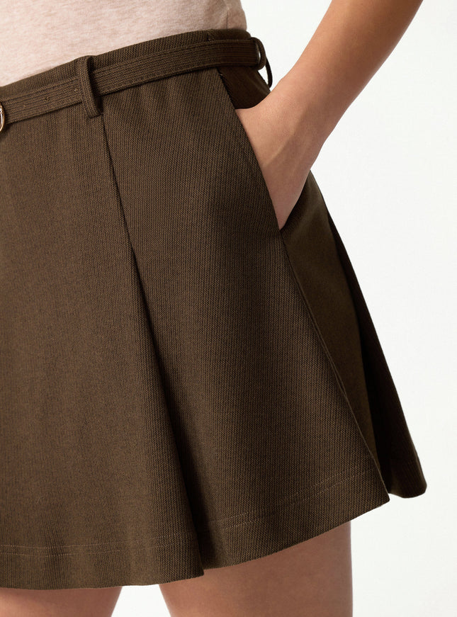 Viscose-Wool Blend High-Rise Belted A-Line Skort with Pockets