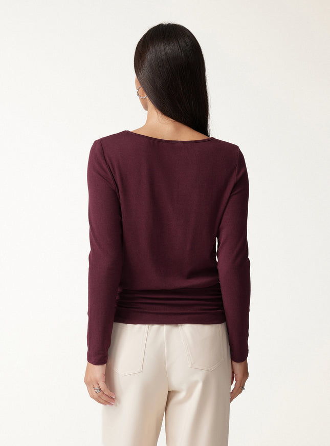 Boatneck Long Sleeve Ruched Banded Hem Top