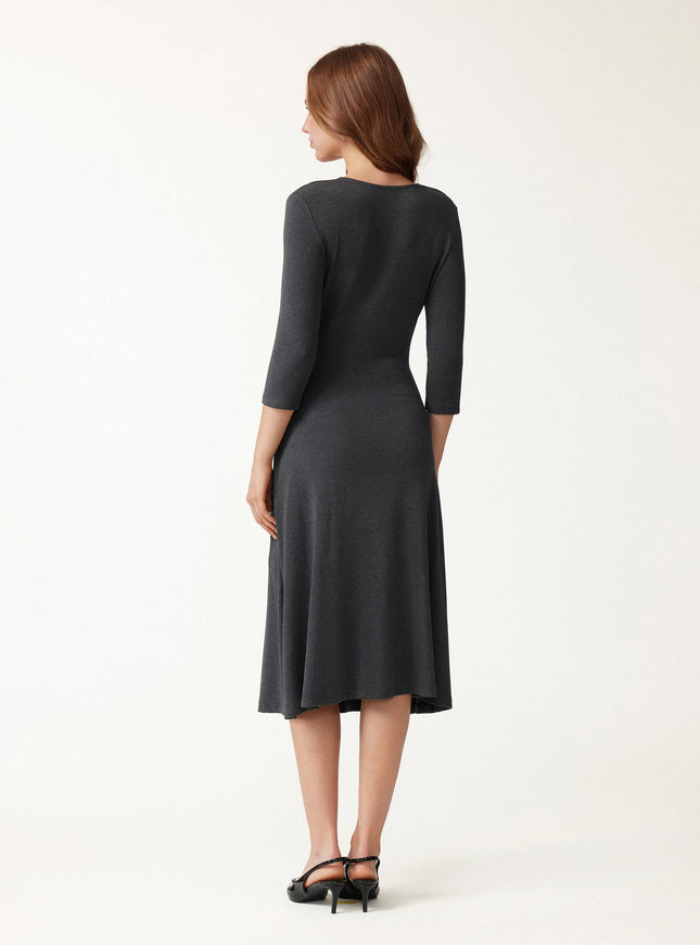 Surplice 3/4 Sleeve Side-Tuck Midi Dress