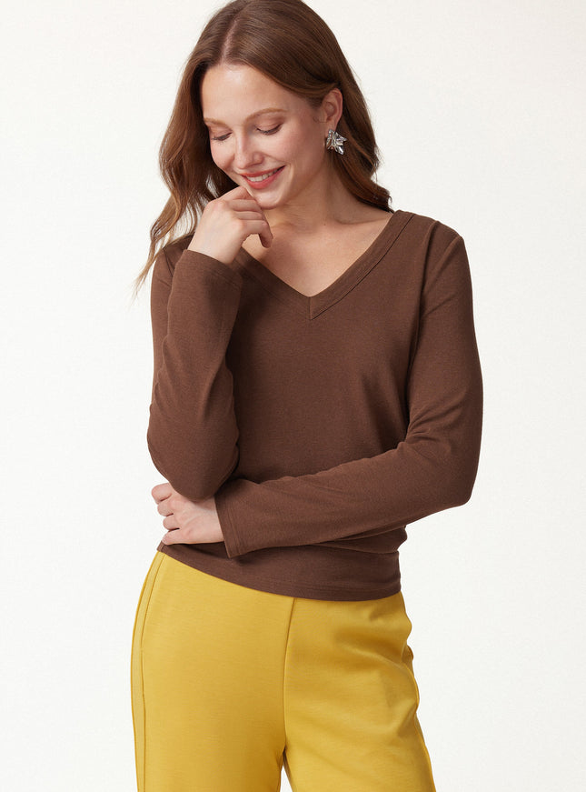 V-Neck Long Sleeve Banded Hem Top